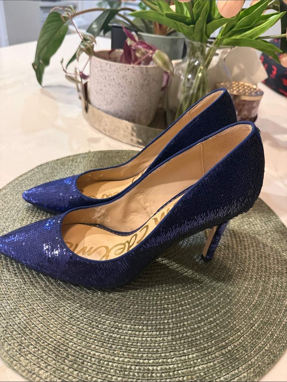 Sam Edelman Navy Blue Sequin Pointed-Toe Stiletto Heels